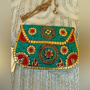 Unique turquoise and red clutch with removable chain